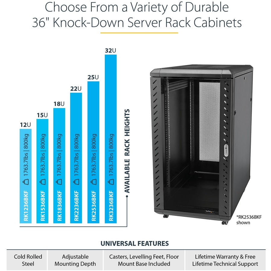 StarTech.com 4-Post 15U Server Rack Cabinet, 19" Data Rack Cabinet for Computer / IT Equipment, Home Network Rack, Half Height Server Rack — RK1536BKF