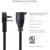 StarTech.com 6ft Power Extension Cord, Rotating Flat Plug Extension Cord, NEMA 5-15P to NEMA 5-15R Cable, 16 AWG, 125V/15A, UL Certified — RTPAC1016