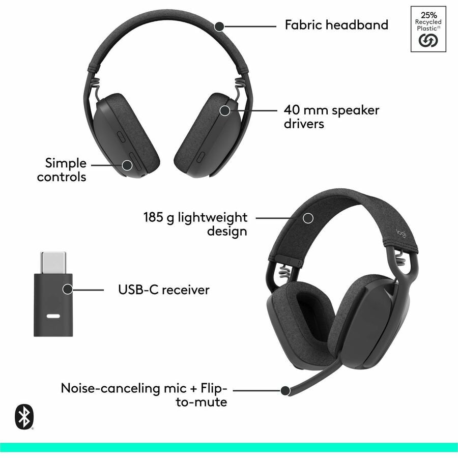 Logitech Zone Vibe Wireless Bluetooth&reg; headphones with USB receiver and noise-canceling mic — 981-001156