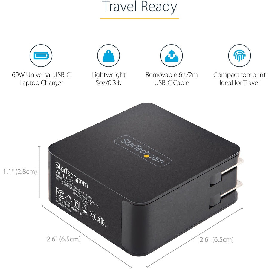 StarTech.com USB C Wall Charger, 60W PD with 6ft/2m Cable, Portable USB Type C Laptop Charger, Universal Adapter, USB IF/ETL Certified — WCH1CBK