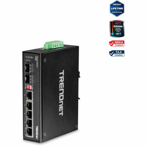TRENDnet 7-Port Industrial Gigabit DIN-Rail Switch, TI-G62, 5 x Gigabit Ports, 2 x Gigabit SFP Ports, IP50 Weather Rated, 14Gbps, NDAA TAA Compliant, Lifetime Protection — TI-G62