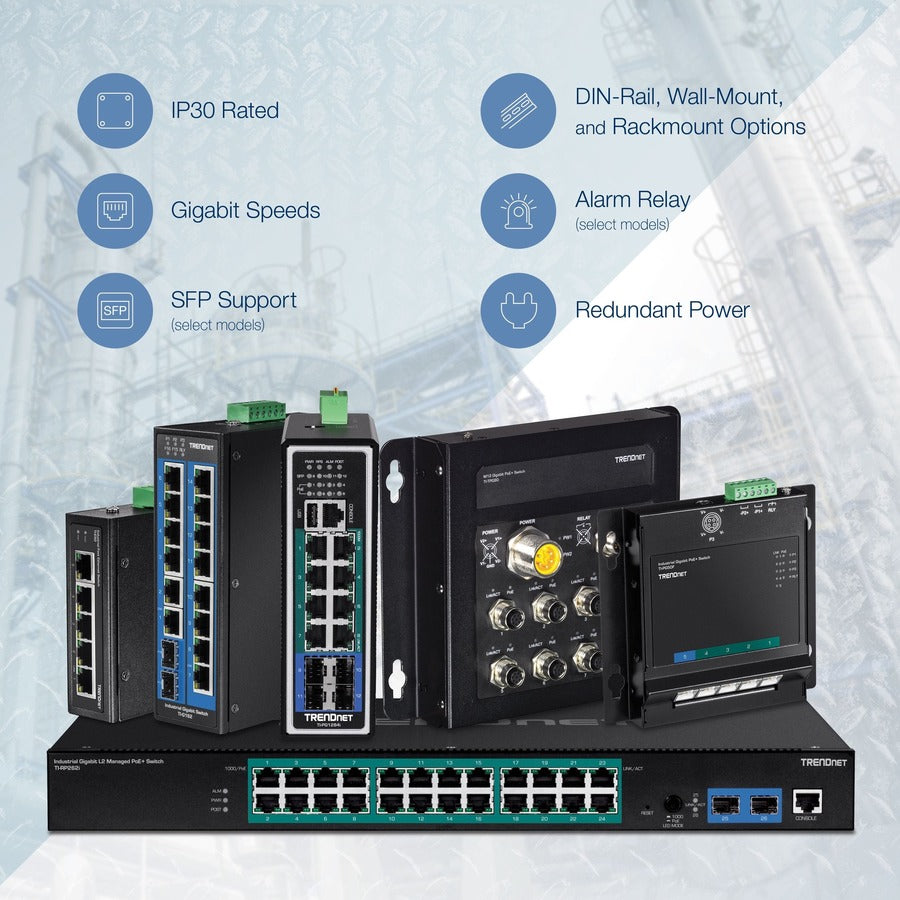 TRENDnet 7-Port Industrial Gigabit DIN-Rail Switch, TI-G62, 5 x Gigabit Ports, 2 x Gigabit SFP Ports, IP50 Weather Rated, 14Gbps, NDAA TAA Compliant, Lifetime Protection — TI-G62
