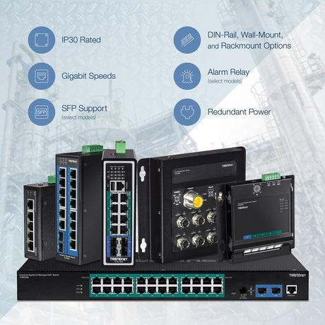 TRENDnet 7-Port Industrial Gigabit DIN-Rail Switch, TI-G62, 5 x Gigabit Ports, 2 x Gigabit SFP Ports, IP50 Weather Rated, 14Gbps, NDAA TAA Compliant, Lifetime Protection — TI-G62