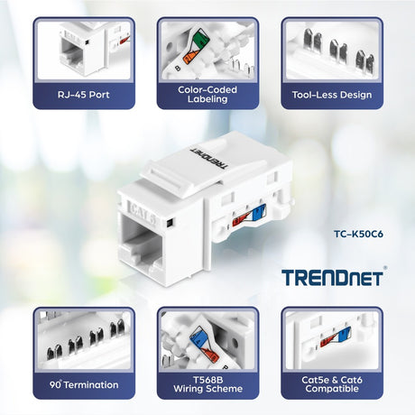 TRENDnet Cat6 Keystone Jack 50-Pack Bundle, TC-K50C6, Compatible with Cat5/Cat5e/Cat6 Cabling Cat6 RJ45 Keystone Jacks, Use with the TC-KP24 or TC-KP48 Blank Keystone Patch Panels (Sold Separately) — TC-K50C6