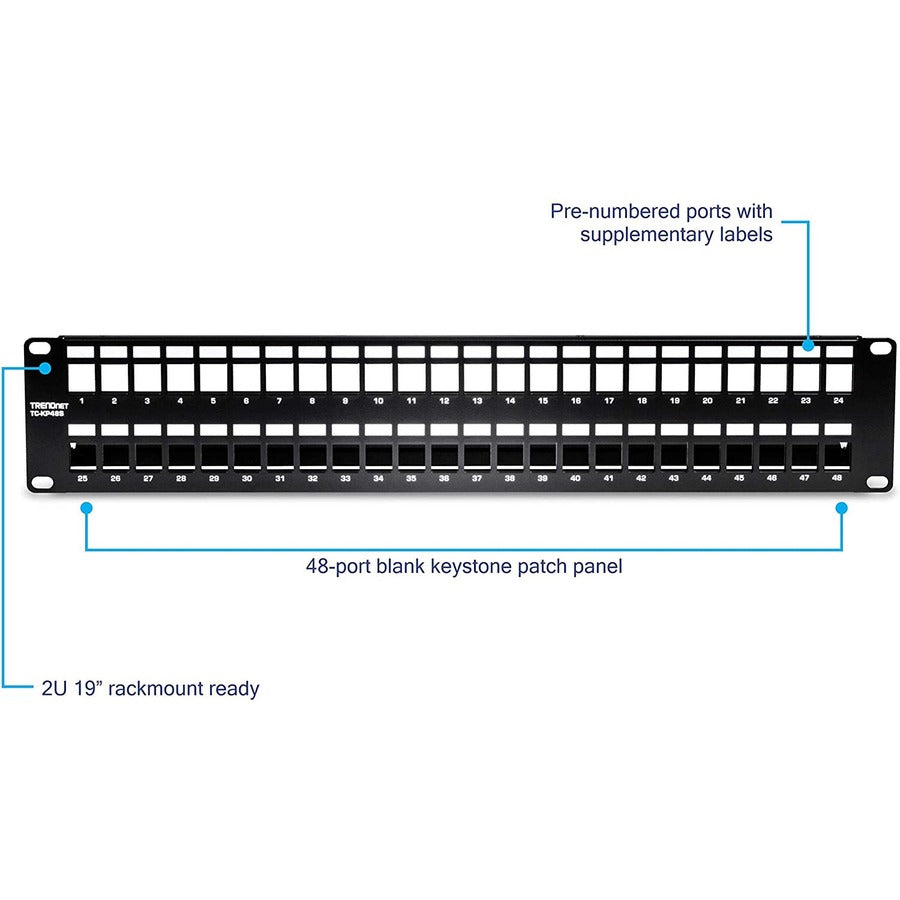 TRENDnet 48-Port Blank Keystone Shielded 2U HD Patch Panel, TC-KP48S, 2U 19" Metal Rackmount Housing, Network Management Panel, Recommended with TC-K06C6A Cat6A Keystone Jacks (sold separately) — TC-KP48S