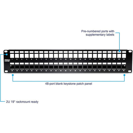 TRENDnet 48-Port Blank Keystone Shielded 2U HD Patch Panel, TC-KP48S, 2U 19" Metal Rackmount Housing, Network Management Panel, Recommended with TC-K06C6A Cat6A Keystone Jacks (sold separately) — TC-KP48S
