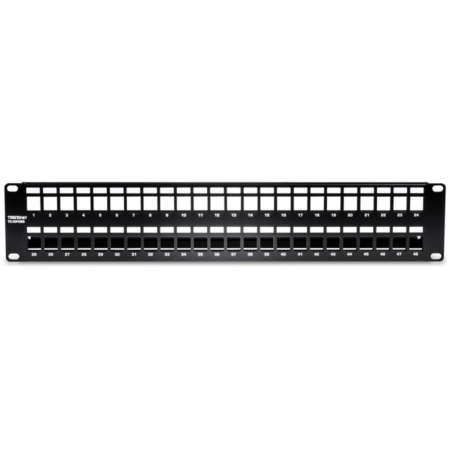 TRENDnet 48-Port Blank Keystone Shielded 2U HD Patch Panel, TC-KP48S, 2U 19" Metal Rackmount Housing, Network Management Panel, Recommended with TC-K06C6A Cat6A Keystone Jacks (sold separately) — TC-KP48S