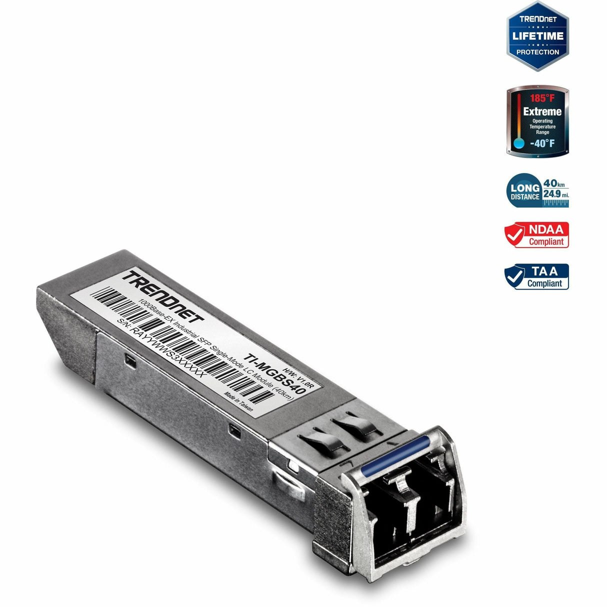 TRENDnet SFP to RJ45 Industrial Single-Mode LC Module; TI-MGBS40; Up to 2 km (1.2 miles); 1000Base-EX Industrial SFP; IEEE 802.3z Gigabit Ethernet; Data Rates of up to 1.25Gbps; Lifetime Protection — TI-MGBS40