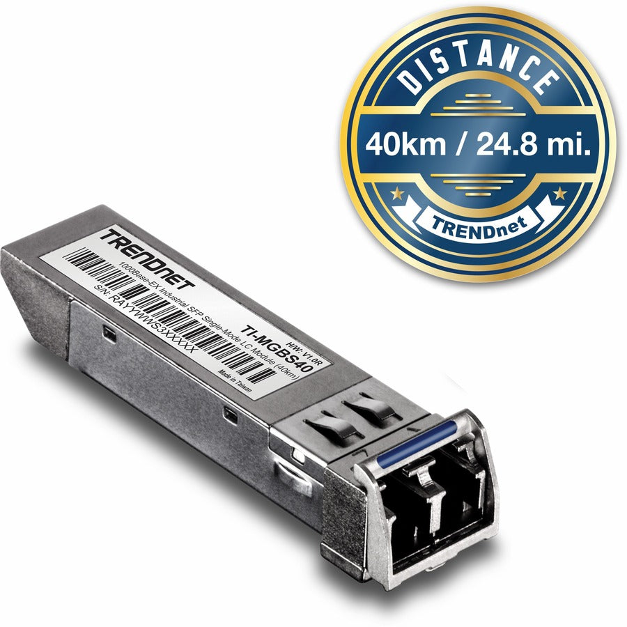 TRENDnet SFP to RJ45 Industrial Single-Mode LC Module; TI-MGBS40; Up to 2 km (1.2 miles); 1000Base-EX Industrial SFP; IEEE 802.3z Gigabit Ethernet; Data Rates of up to 1.25Gbps; Lifetime Protection — TI-MGBS40