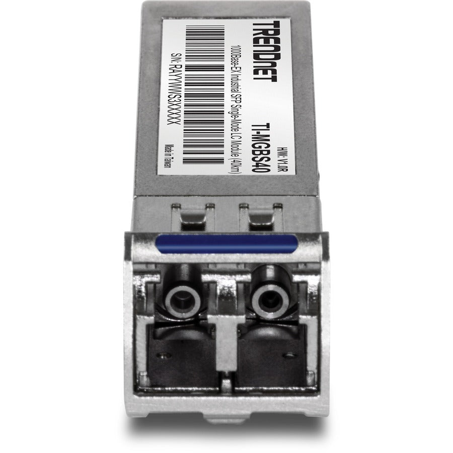 TRENDnet SFP to RJ45 Industrial Single-Mode LC Module; TI-MGBS40; Up to 2 km (1.2 miles); 1000Base-EX Industrial SFP; IEEE 802.3z Gigabit Ethernet; Data Rates of up to 1.25Gbps; Lifetime Protection — TI-MGBS40