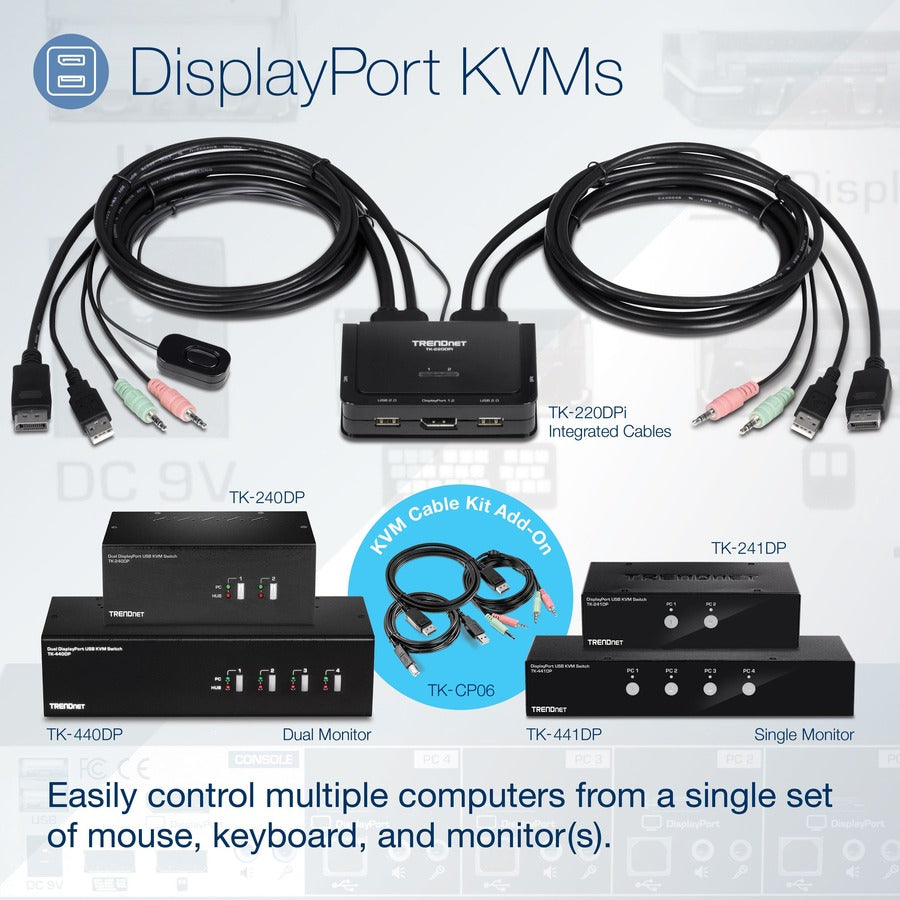 TRENDnet 6 ft. DisplayPort, USB, and Audio KVM Cable Kit,TK-CP06, Compatible w/ TK-240DP & TK-440DP Dual Monitor Displayport KVM Switches, Displayport 1.2, USB Mouse/Keyboard, 3.5mm Audio Connections — TK-CP06