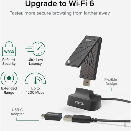 Plugable WiFi 6 USB WiFi Adapter for Desktop PC and Laptops, AX1800 USB 3.0 and USB C — USB-WIFIAX