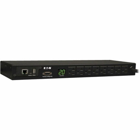 Eaton 1.9kW Single-Phase Monitored PDU, 120V Outlets (8 5-15/20R), L5-20P/5-20P Adapter, 12 ft. (3.66 m) Cord, 1U Rack-Mount, LX Platform Interface, TAA — PDUMNH20