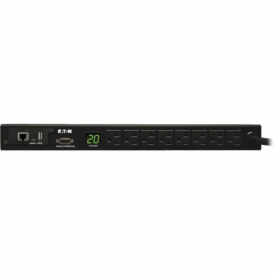 Eaton 1.9kW Single-Phase Monitored PDU, 120V Outlets (8 5-15/20R), L5-20P/5-20P Adapter, 12 ft. (3.66 m) Cord, 1U Rack-Mount, LX Platform Interface, TAA — PDUMNH20