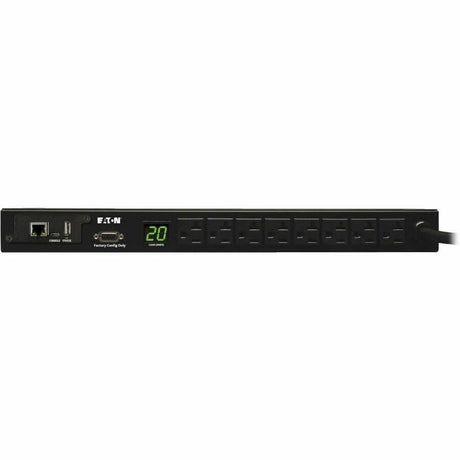 Eaton 1.9kW Single-Phase Monitored PDU, 120V Outlets (8 5-15/20R), L5-20P/5-20P Adapter, 12 ft. (3.66 m) Cord, 1U Rack-Mount, LX Platform Interface, TAA — PDUMNH20