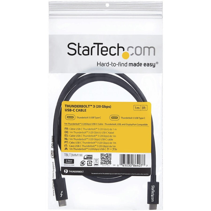 StarTech.com 1m (3.3ft) Thunderbolt 3 Cable, 20Gbps, 100W PD, 4K Video, Thunderbolt-Certified, Compatible w/ TB4/USB 3.2/DisplayPort — TBLT3MM1M