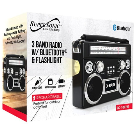 Supersonic Portable 3 Band Radio with Bluetooth and Flashlight — SC-1097BT