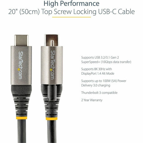 StarTech.com 20in 50cm Top Single Screw Locking USB C Cable 10Gbps, USB 3.1 Type-C Cable, 5A/100W PD, DP Alt Mode, USB-C to C Cord — USB31CCTLKV50CM