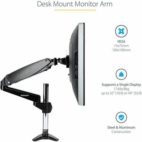 StarTech.com Desk Mount Monitor Arm for Single VESA Display 49"(17.6lb/8kg), Full Motion Articulating & Height Adjustable, C-Clamp/Grommet — ARMPIVOTE2
