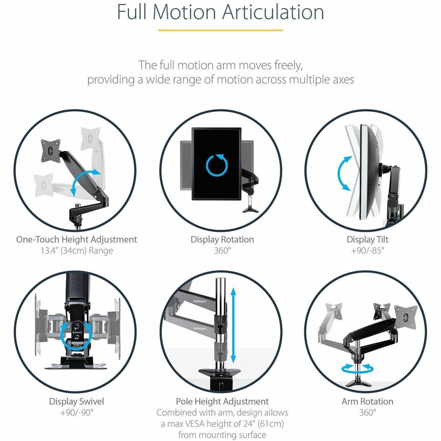 StarTech.com Desk Mount Monitor Arm for Single VESA Display 49"(17.6lb/8kg), Full Motion Articulating & Height Adjustable, C-Clamp/Grommet — ARMPIVOTE2