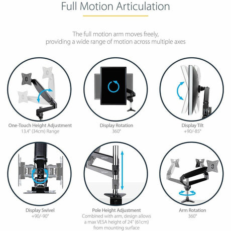StarTech.com Desk Mount Monitor Arm for Single VESA Display 49"(17.6lb/8kg), Full Motion Articulating & Height Adjustable, C-Clamp/Grommet — ARMPIVOTE2