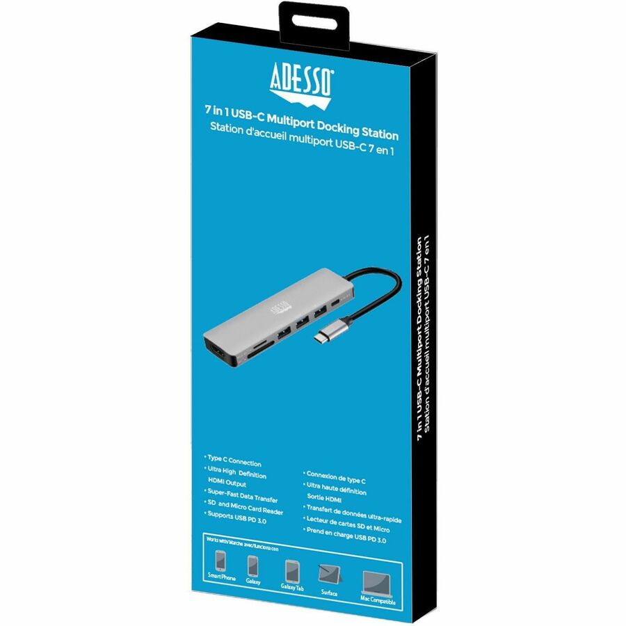 Adesso AUH-4025 7 in 1 Docking Station, Supports USB C to x1 4K HDMI, 3x USB-A 3.2, 1x PD, 1x Micro SD, 1x SD Card — AUH-4025