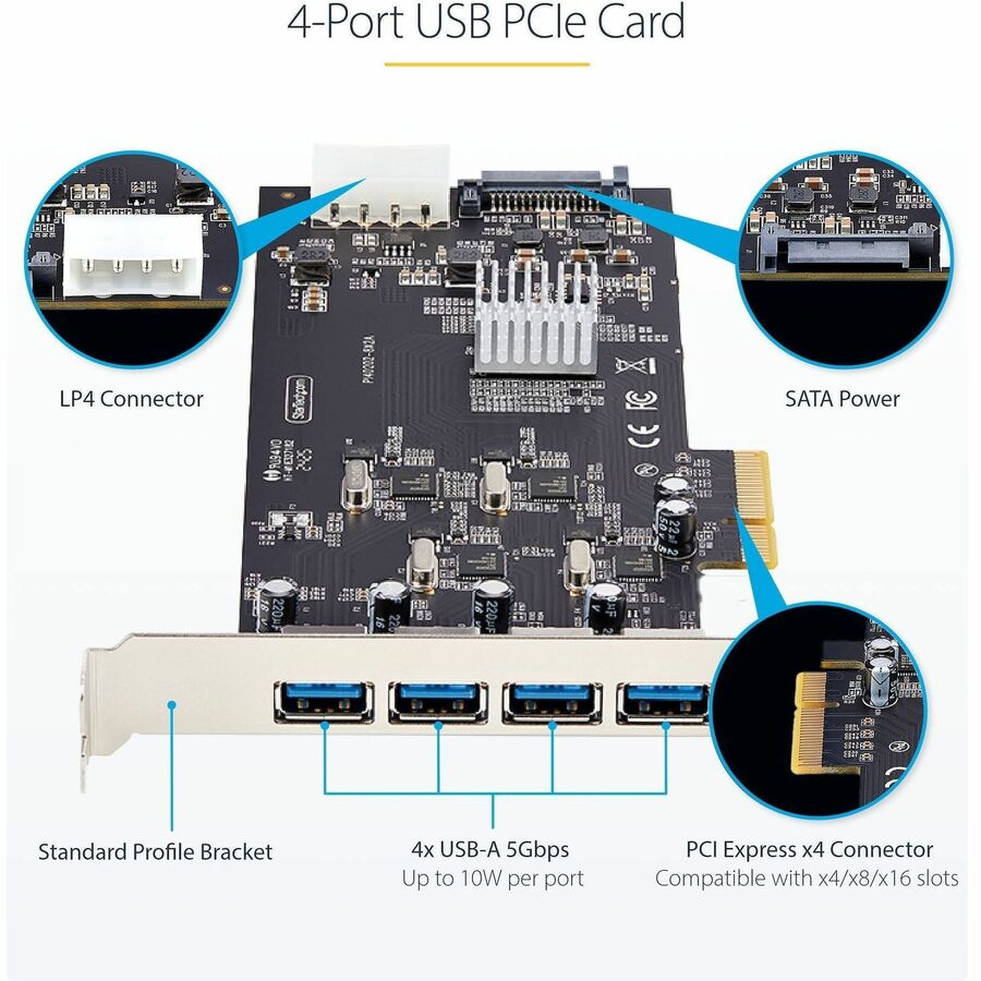 StarTech.com 4-Port USB PCIe Card, USB 3.2 5Gbps, PCI Express Expansion Card with 4x Independent USB Controllers, 4x USB-A Ports — P5Q4A-USB-CARD