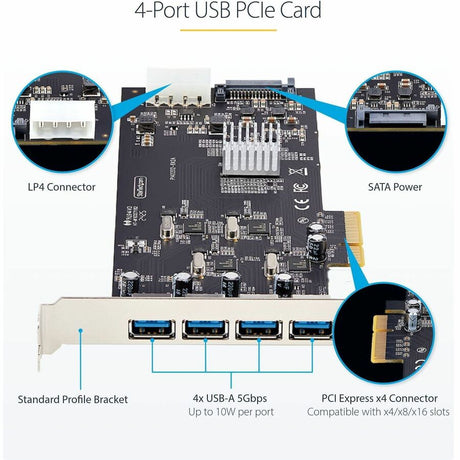 StarTech.com 4-Port USB PCIe Card, USB 3.2 5Gbps, PCI Express Expansion Card with 4x Independent USB Controllers, 4x USB-A Ports — P5Q4A-USB-CARD