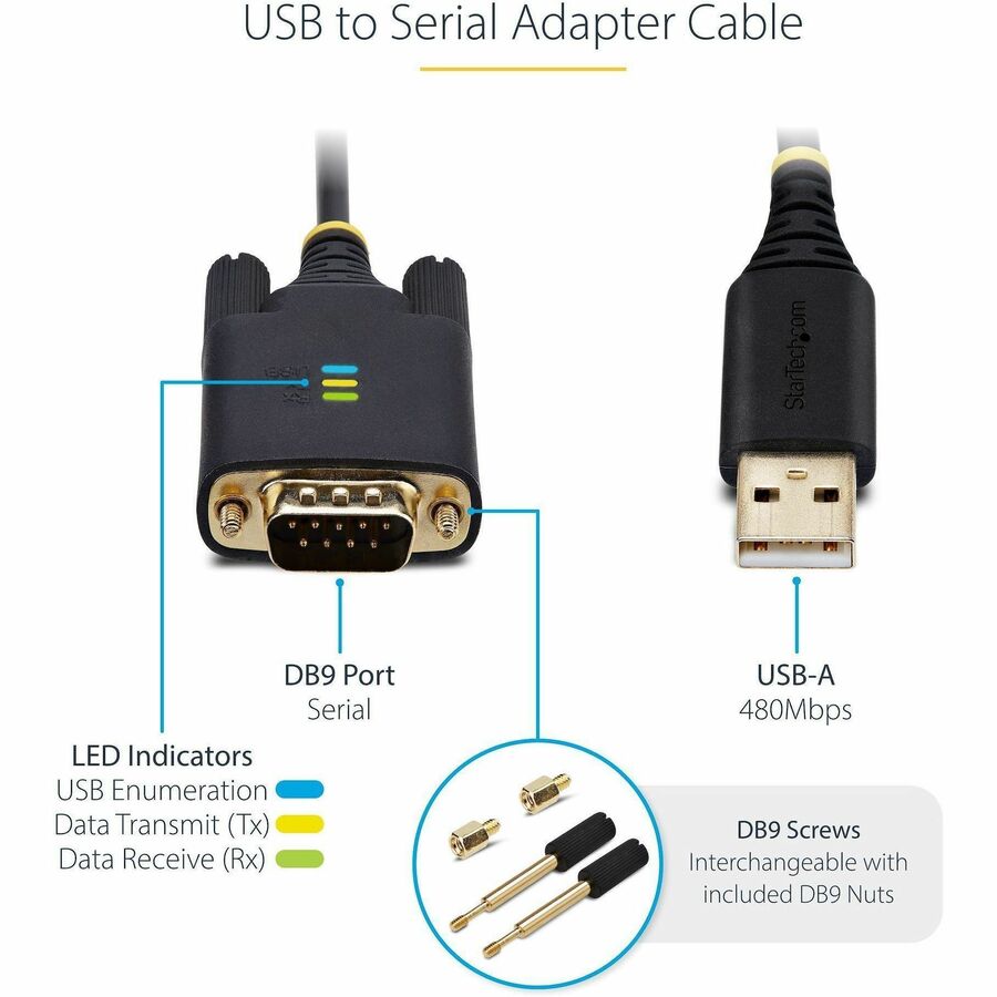 StarTech.com 6.6ft (2m) USB to Serial Adapter Cable, COM Retention, FTDI, DB9 RS232, Interchangeable DB9 Screws/Nuts, Windows/macOS/Linux — 1P6FFC-USB-SERIAL