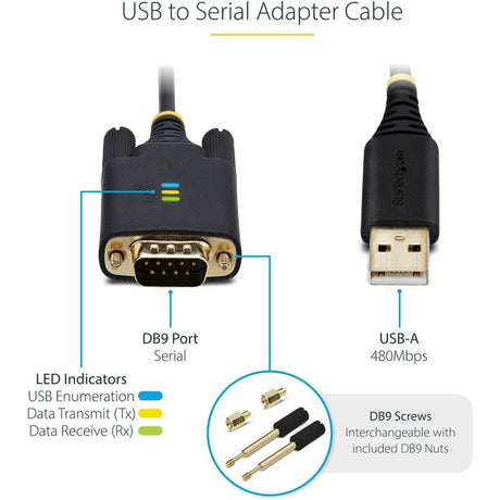 StarTech.com 6.6ft (2m) USB to Serial Adapter Cable, COM Retention, FTDI, DB9 RS232, Interchangeable DB9 Screws/Nuts, Windows/macOS/Linux — 1P6FFC-USB-SERIAL