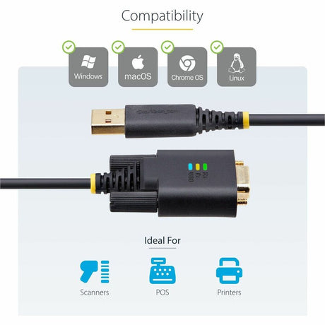 StarTech.com 6.6ft (2m) USB to Serial Adapter Cable, COM Retention, FTDI, DB9 RS232, Interchangeable DB9 Screws/Nuts, Windows/macOS/Linux — 1P6FFC-USB-SERIAL