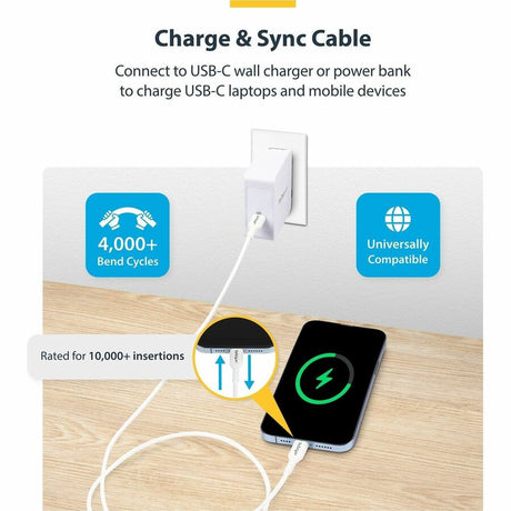 StarTech.com 6ft (1.8m) White USB-C Charging Cable, USB 2.0 Type-C Laptop Charger Cord, 60W Power Delivery, TPE Jacket, Data Transfer Cable — USB2CC6FWHE