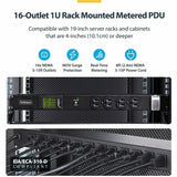 StarTech.com 16-Outlet Horizontal Rack Mount Metered PDU, 1U Server Power Strip w/Surge Protector, 125V/15A, 8ft (2.4m) Power Cord, TAA — 16NM8-RACK-MOUNT-PDU