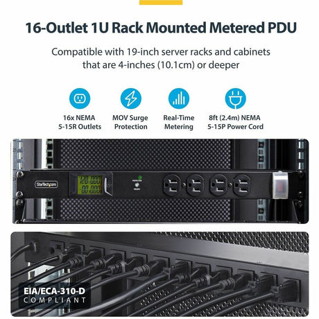 StarTech.com 16-Outlet Horizontal Rack Mount Metered PDU, 1U Server Power Strip w/Surge Protector, 125V/15A, 8ft (2.4m) Power Cord, TAA — 16NM8-RACK-MOUNT-PDU