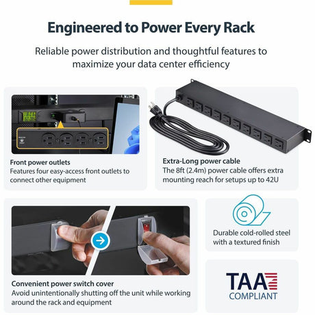 StarTech.com 16-Outlet Horizontal Rack Mount Metered PDU, 1U Server Power Strip w/Surge Protector, 125V/15A, 8ft (2.4m) Power Cord, TAA — 16NM8-RACK-MOUNT-PDU