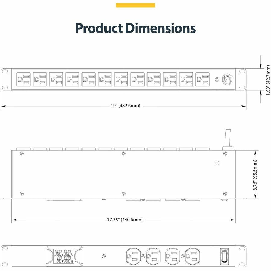StarTech.com 16-Outlet Horizontal Rack Mount Metered PDU, 1U Server Power Strip w/Surge Protector, 125V/15A, 8ft (2.4m) Power Cord, TAA — 16NM8-RACK-MOUNT-PDU