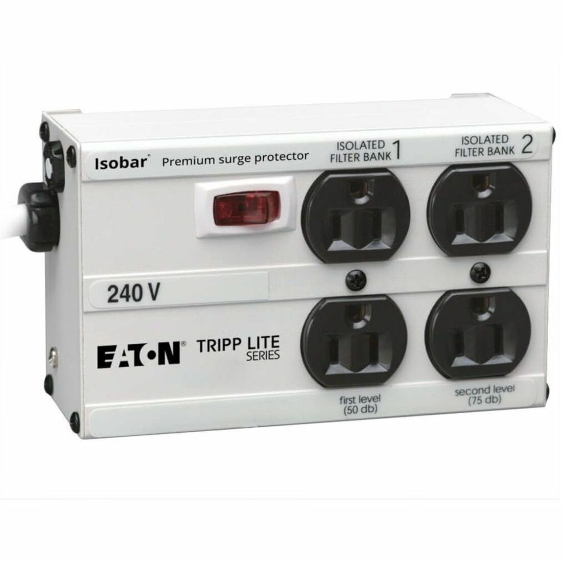 Eaton Tripp Lite Series Isobar 4-Outlet 230V Surge Protector, 6 ft. (1.83 m) Cord with Right-Angle Plug, 330 Joules, Metal Housing — ISOBAR4/220