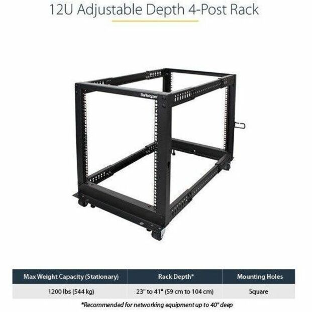 StarTech.com 4-Post 12U Mobile Open Frame Server Rack, 19" Network Rack with Casters, Rolling Rack for Computer/AV/Data/IT Equipment — 4POSTRACK12U