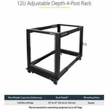 StarTech.com 4-Post 12U Mobile Open Frame Server Rack, 19" Network Rack with Casters, Rolling Rack for Computer/AV/Data/IT Equipment — 4POSTRACK12U