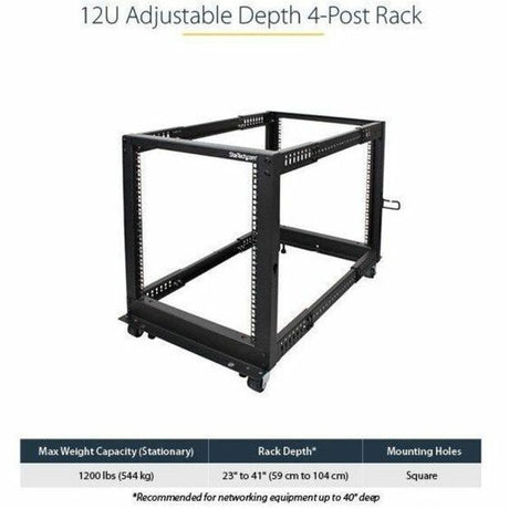 StarTech.com 4-Post 12U Mobile Open Frame Server Rack, 19" Network Rack with Casters, Rolling Rack for Computer/AV/Data/IT Equipment — 4POSTRACK12U