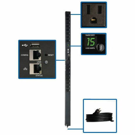 Eaton 1.4kW Single-Phase Switched PDU - LX Interface, 120V Outlets (16 5-15R), 10 ft. (3.05 m) Cord with 5-15P, 0U, TAA — PDUMV15NETLX