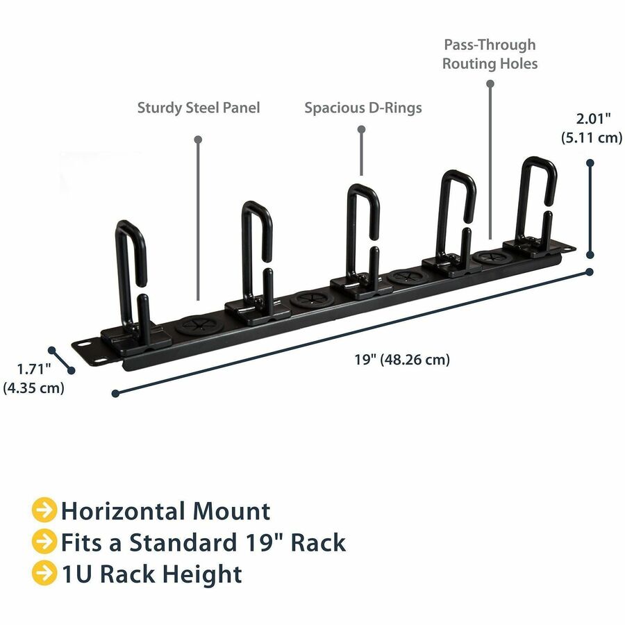 StarTech.com 1U 19" Cable Management Organizer - D Ring Hook Network/Server Rack Cord Manager - Data Center Horizontal Wire Panel — CABLMANAGERH