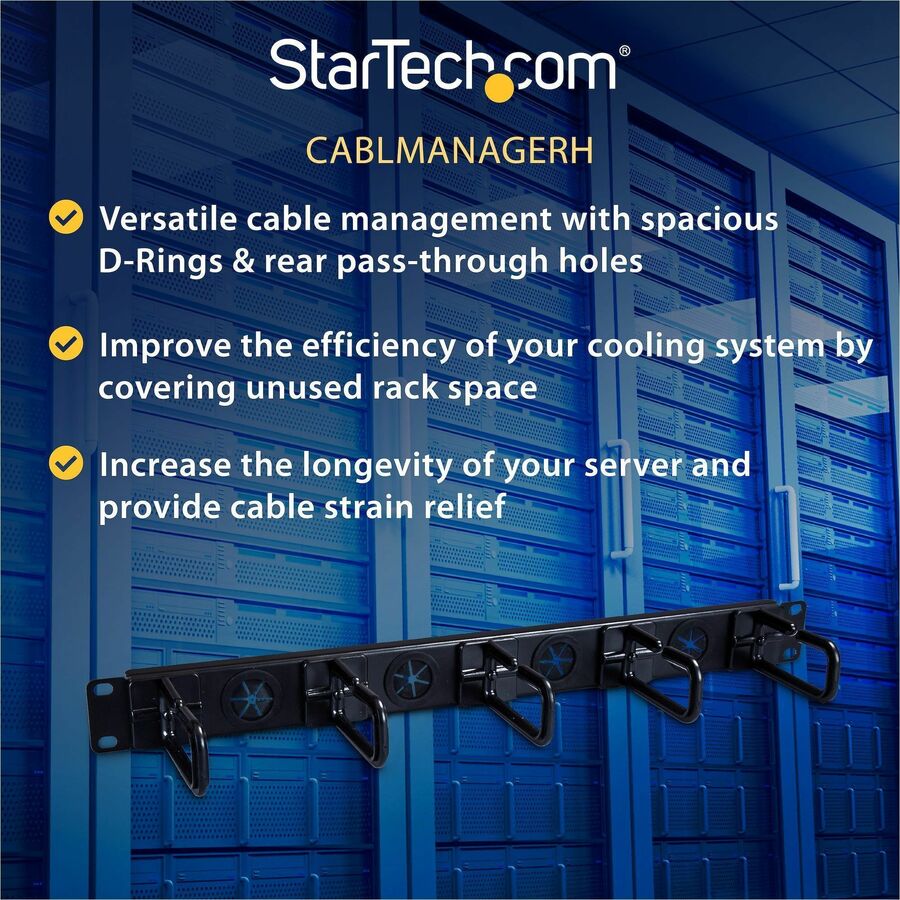 StarTech.com 1U 19" Cable Management Organizer - D Ring Hook Network/Server Rack Cord Manager - Data Center Horizontal Wire Panel — CABLMANAGERH