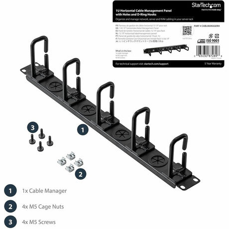 StarTech.com 1U 19" Cable Management Organizer - D Ring Hook Network/Server Rack Cord Manager - Data Center Horizontal Wire Panel — CABLMANAGERH
