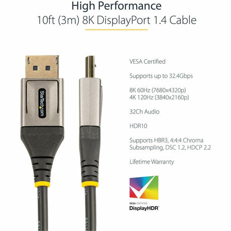 StarTech.com 10ft (3m) VESA Certified DisplayPort 1.4 Cable, 8K 60Hz HDR10, UHD 4K 120Hz Video, DP to DP Monitor Cord, DP 1.4 Cable, M/M — DP14VMM3M