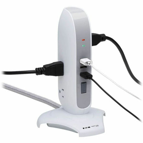 Eaton Tripp Lite Series 5-Outlet Surge Protector Tower, 3x USB Ports (3.1A Shared), 6 ft. Cord, 5-15P Plug, 1200 Joules, White — TLP66USB
