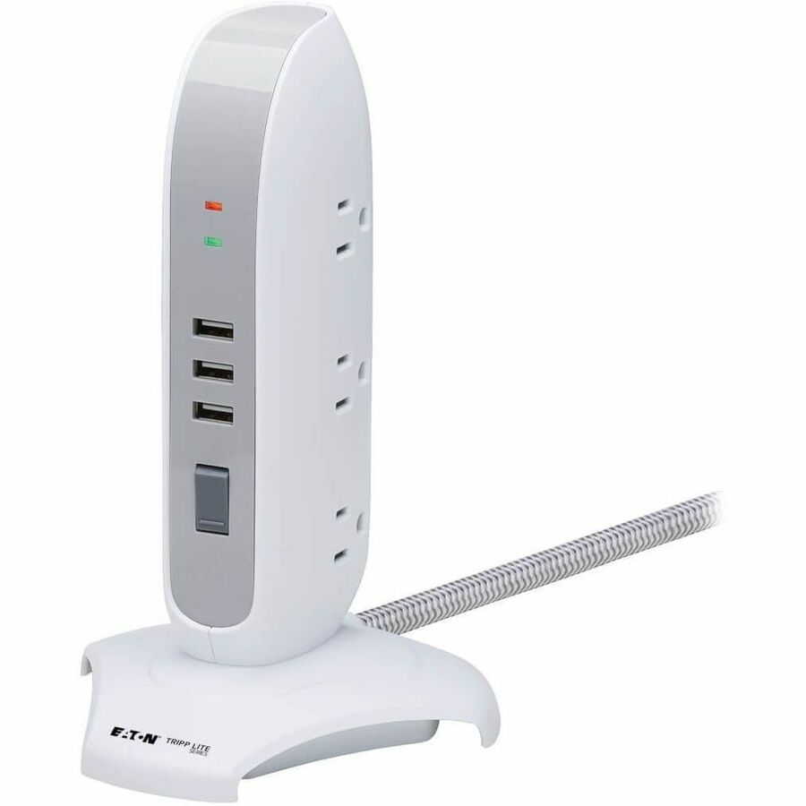 Eaton Tripp Lite Series 5-Outlet Surge Protector Tower, 3x USB Ports (3.1A Shared), 6 ft. Cord, 5-15P Plug, 1200 Joules, White — TLP66USB