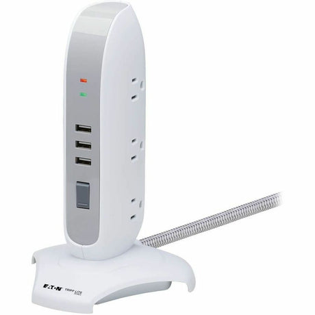 Eaton Tripp Lite Series 5-Outlet Surge Protector Tower, 3x USB Ports (3.1A Shared), 6 ft. Cord, 5-15P Plug, 1200 Joules, White — TLP66USB
