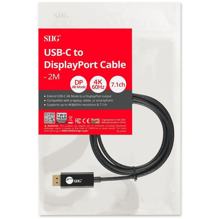 SIIG USB-C to DisplayPort Active Cable 4K 60Hz HDR - 2M — CB-TC0K11-S1