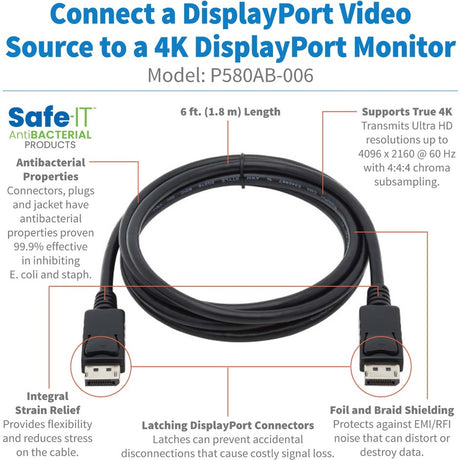 Eaton Tripp Lite Series Safe-IT High-Speed DisplayPort Antibacterial Cable with Latching Connectors (M/M), UHD 4K 60 Hz, 6 ft. (1.83 m) — P580AB-006